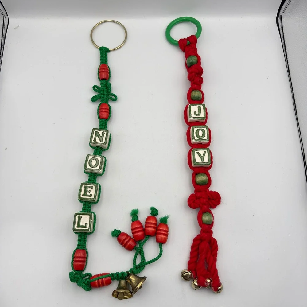 Vintage‎ Macrame Christmas Door Hangers Noel Joy Red Green Jingle Bells Set of 2